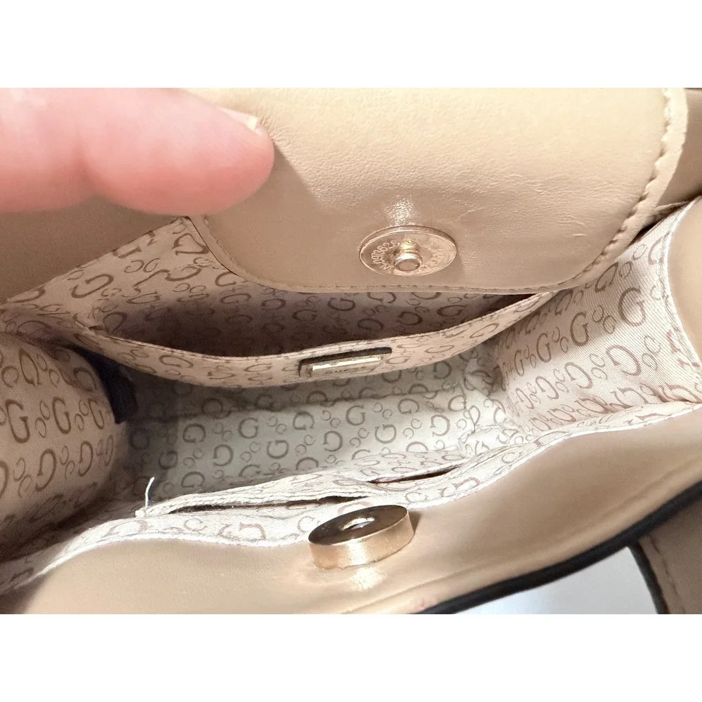 Guess Los Angeles Mini Crossbody Tote Bag Brown Tan Logo Print Satchel Handbag
